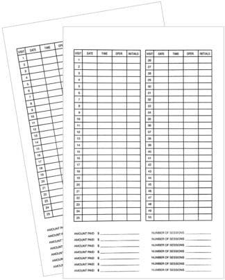 Blank patient visit log with payment and sessions.