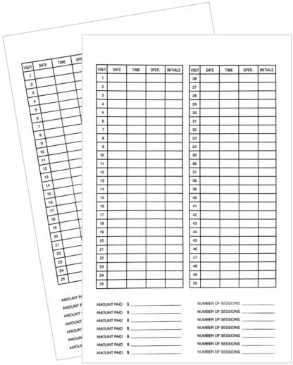 Blank patient visit log with payment and sessions.