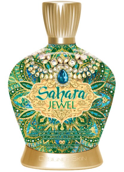 Sahara Jewel tanning lotion bottle with ornate design.