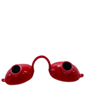 Red safety glasses with black lenses.