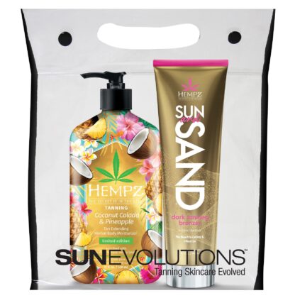 Tanning lotion products from Hempz Sun & Sand Deal, featuring a coconut and pineapple scented bronzer, packaged in a promotional bag.