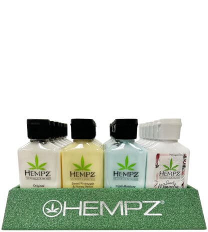 Hempz lotion display with various scents.