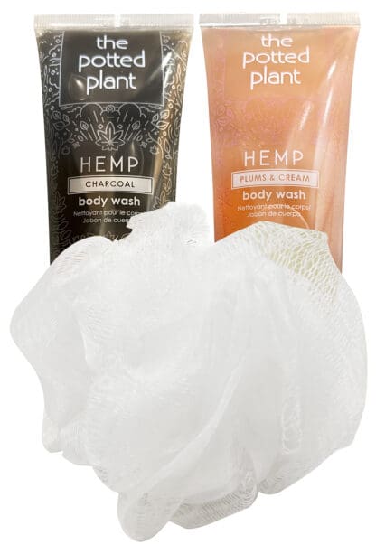 Hemp body wash with a mesh puff.