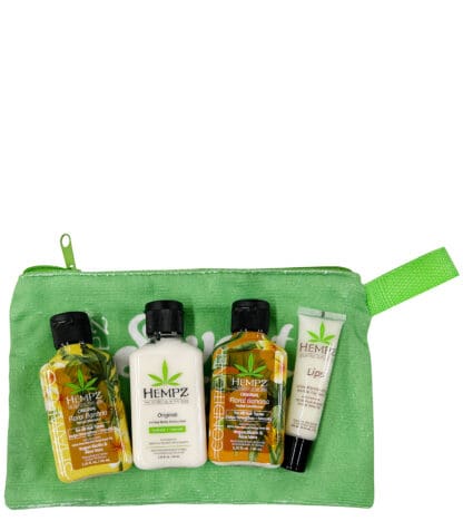 Hempz travel-size beauty products in pouch.