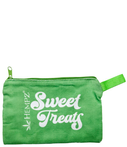 Green zippered pouch with "Sweet Treats"