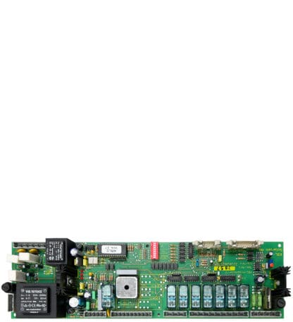 Green circuit board with electronic components.