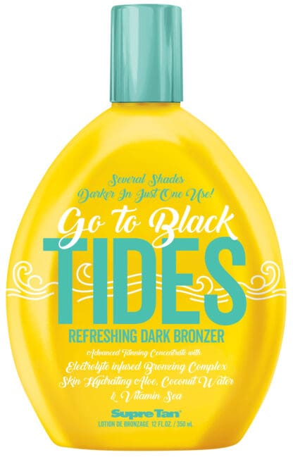 Yellow bottle of tanning lotion with text.